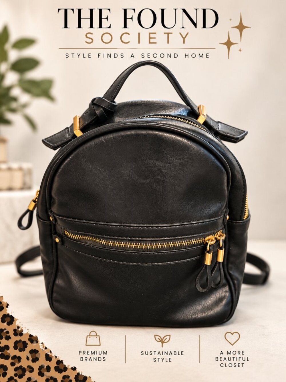Sole Society Black Mini Backpack Gold Hardware Leopard Lining